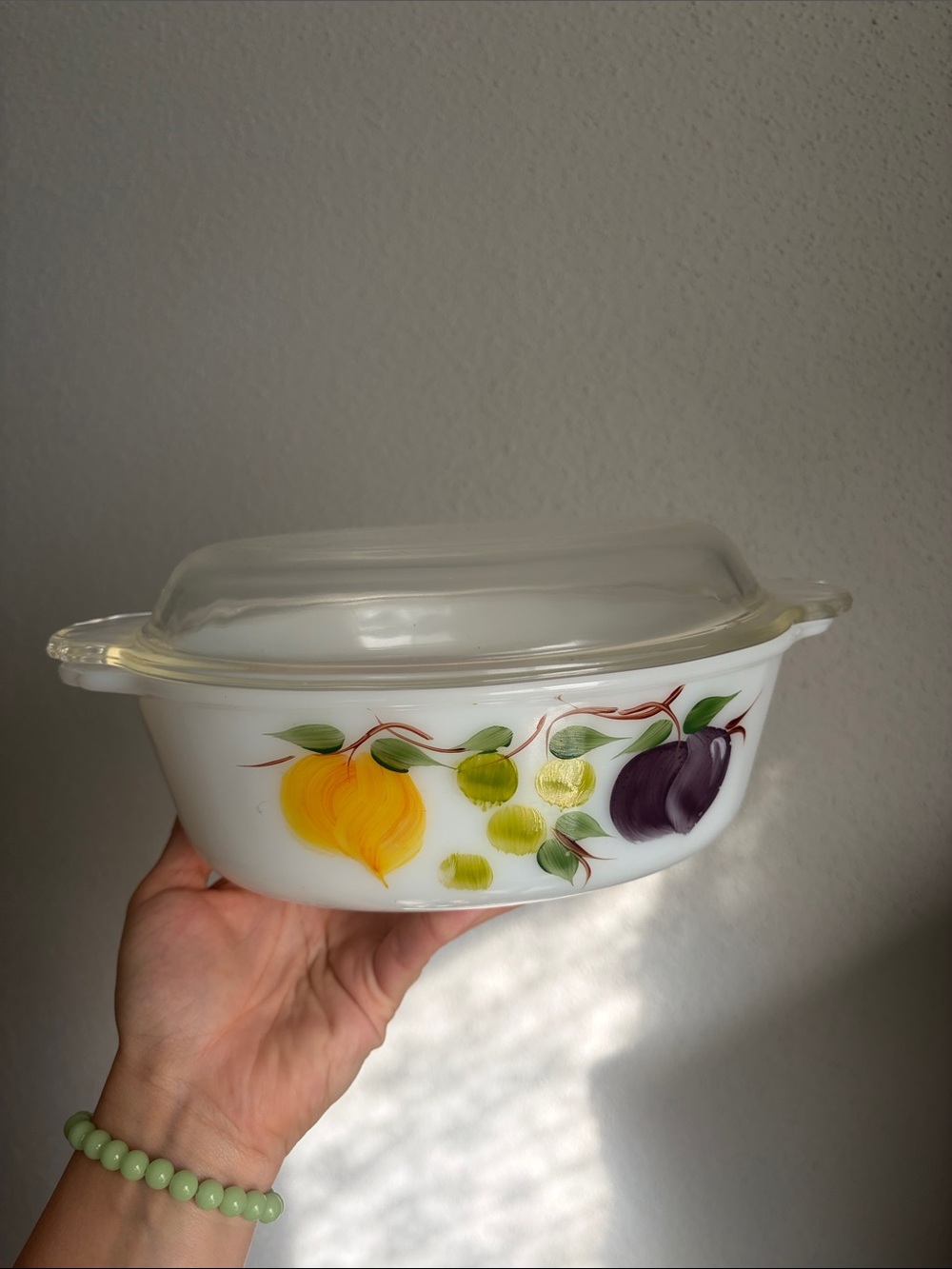 Fire King Anchor Hocking Hand-Painted Milk Glass Fruit Casserole Dish with Lid